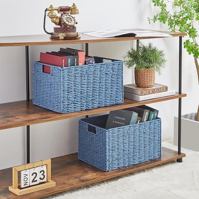 Wicker Storage Basket, Set of 2 Hand-Woven Paper Rope Wicker Basket, Large Storage Baskets for Organizing Toilet Paper, Foldable Cube Storage Organizer Bins for Shelves (Blue)
