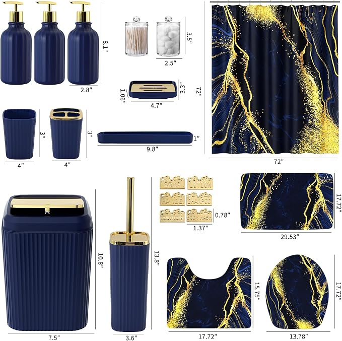 21PCS Bathroom Sets with Shower Curtain and Rugs Bathroom Accessories Set Navy Blue Bathroom Set Complete with Trash Can, Toilet Brush, Qtip Holder & 3PCS Soap Dispenser