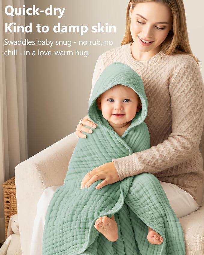 Baby Bath Towels, 100% Muslin Cotton Hooded Baby Towels for Newborn, 2 Pack Baby Towels with Hood for Infant Toddler and Kids, Large 32x32Inch Unisex Bath Essentials, Soft and Absorbent