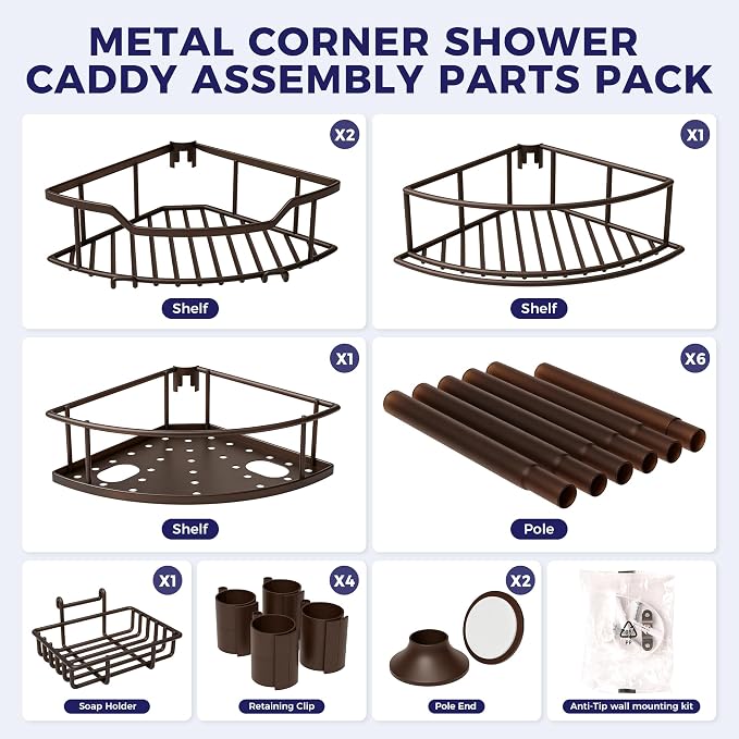 Corner Shower Caddy Tension Pole, 4-Tier Fan-Shaped Adjustable Rustproof Bathroom Organizer Shelves, 47"-125'', No-Drill Quick Installation for Inside Shower, Bathtub, Brown (BROWN)