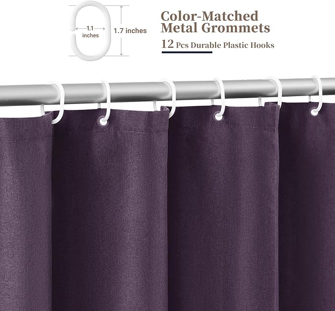 72x90 Boho Scalloped Linen Textured Cloth Shower Curtain Set, Purple | Long Size, 230GSM Waterproof Polyester, Heavy Duty Fabric, 12 Plastic Hooks, Elegant Modern Farmhouse Style, Machine Washable