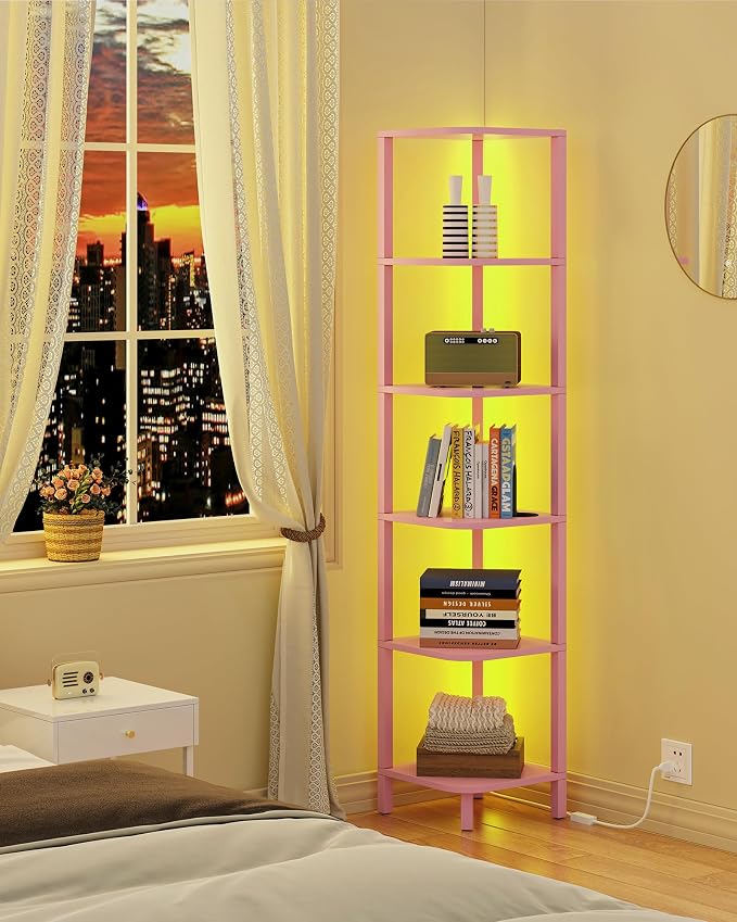 TUTOTAK Corner Shelf with LED Light, 6-Tier Corner Bookshelf | for Small Space, Narrow Display Corner Shelf Stand with Storage Rack, for Living Room, Bedroom, Pink BS08BP006L