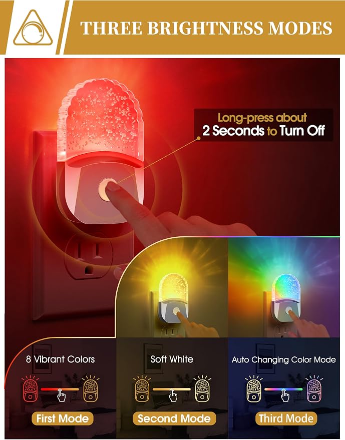 8-Color RGB Night Lights Plug Into Wall [2 Pack],Kids Night Light | Color Changing RGB LED Night Light,Dusk to Dawn Sensor,for Bathroom Decor Hallway Stairway,Chrome Cover