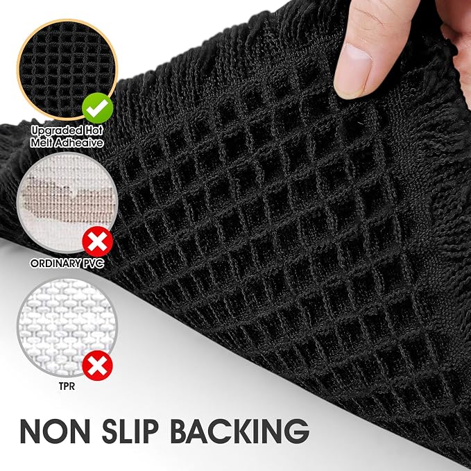 Waffle Bath Mat Black 4'x2', Boho Woven Modern Bath Mat Rugs, Absorbent Non Slip Bathroom Rugs, Soft Washable Bath Rugs with Tassels for Bathroom, Bedroom, Kitchen, Shower, Tub