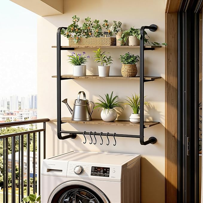 3 Tier Industrial Pipe Floating Shelf, 24" Kitchen Wall Shelves | with Towel Bar & 6 Hooks, Coffee Bar Shelves Display Bookshelf Wall Shelf for Kitchen, Bathroom, Home Décor, Rustic Brown