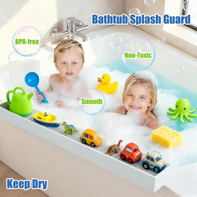 2Pack Bathtub Splash Guard for Kids Adult - 31IN Silicone Bath Tray Shelf for Tub with 11 Suction Cups, Bath Tub Play Shelf for Kids & Toy Holder, Bathtub Accessories Prevent Water Spill in Bathroom