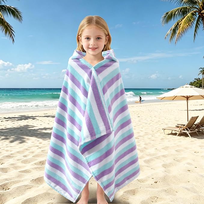 VOOVA & MOVAS Kids Wearable Towel,3-10 Years,100% Cotton, Purple Striped | Slim Light Weight, Quick Water Absorption, Great for Bath, Swim, Pool and Beach Vacation