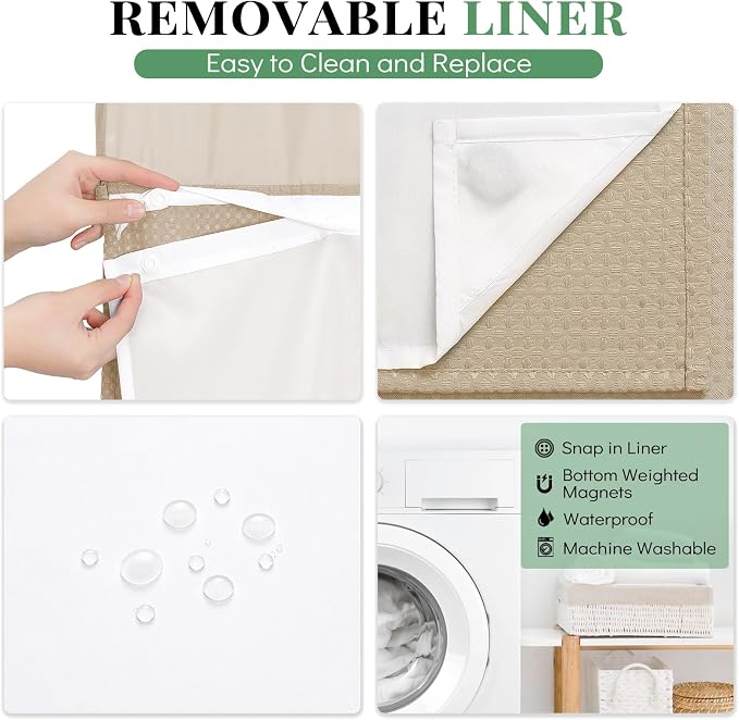 78 Inch Long Shower Curtain, Tall Waffle Fabric Shower Curtains for Bathroom, Hotel Waterproof Cloth Shower Curtain Liner Set with Hooks, Snap in Liner, Mesh Top Window, Beige, 72x78