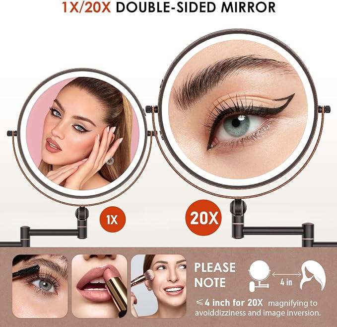 9" Wall Mounted Lighted Makeup Mirror,4000mAh Rechargeable Double Sided 1X/20X Magnifying Mirror with Light,Touch Dimmable,Extended Arm 360 Rotation Wall Mounted Makeup Mirror 3 Color Lights-Bronze