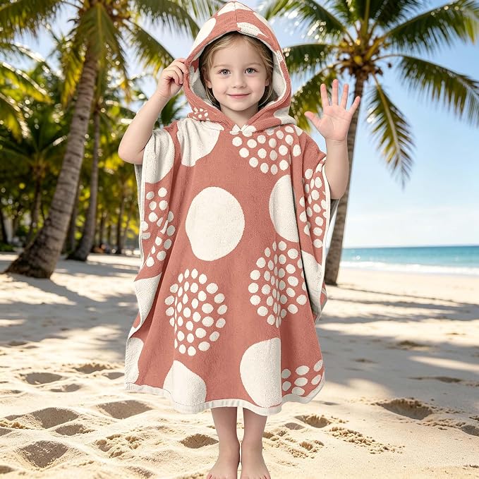 VOOVA & MOVAS Kids Hooded Poncho Towel, 4-8 Years, 100% Cotton, Red Dot | Exquisite Dot Jacquard Weave, Smooth Fabric, Soft, Absorbent & Quick Dry, Suitable for Bathing and Seaside