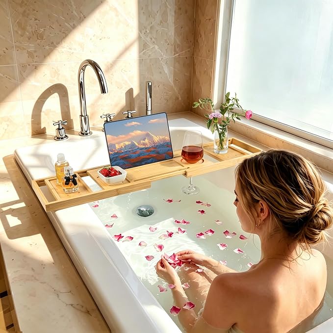 Utoplike Bamboo Bathtub Tray Caddy for Tub, Bath Table Bathroom Organizer | Adjustable, with Book Tablet Stand, Wine Glass Cup, 2 Sliding Towel Holder