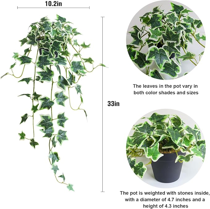 Fake English Ivy Plants in Pots Set of 2 – Realistic Artificial Ivy Greenery for Home Decor, Tabletop, Office, Shelf, Balcony, Lifelike Faux Hanging Vines, No Maintenance Required - White and Green