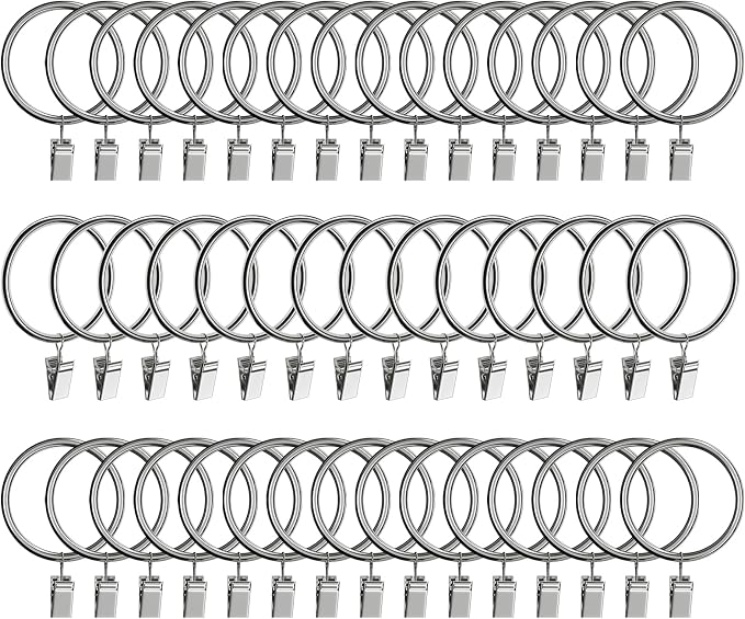 Lansian 44 Pack Curtain Rings with Clips Hooks 2 in Diameter Rustproof | Metal Stainless Steel Drapery Rings for Tension Rod Bracket Eyelets Decorative Hanger, Fits 1.88 in Rods, Shiny Silver