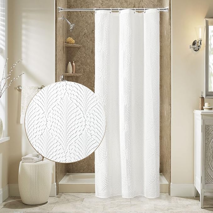 Small Stall Shower Curtain, Narrow Half 3D Embossed Textured White Fabric Shower Curtain, Modern Farmhouse Chic Soft Cloth Bathroom Curtains Shower Set with Hooks (White, 36" W x 72" L) | Narrow Half Small Stall Shower Curtain, White 3D Embossed Modern...