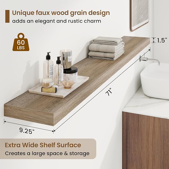 72in Floating Shelves for Wall, 72"W x 9.25"D x 1.5"H, Grey, 2Pcs | Long Wall Mounted Engineered Wood Shelves with Invisible Brackets for Living Room, Bedroom, Bathroom, Kitchen, 9.25in Depth