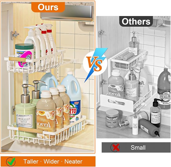 Under Sink Organizer, Height Adjustable Under Sink Organizers and Storage, 2 Tier Pull Out Drawer Cabinet Storage for Kitchen Bathroom, 1 Pack, White | cabinet organizer, 5 level adjustable, quiet sliding rails, dual suction and nano tape, no drill, ru...