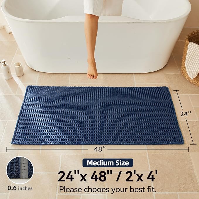Triohero Waffle Bath Mat, Boho Bathroom Rugs Non Slip Washable, Ultra Soft Super Absorbent Quick Dry Farmhouse Bathroom Decor, 24" x 48", Navy Blue