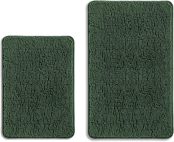 Hunter Green Bathroom Rugs Sets 2 Piece – Absorbent and Washable Bath Mat, Non-Slip, Thick Soft Chenille Bath Rugs for Bathroom Floor, Shower, Sink - 17" x 24"+20" x 32"