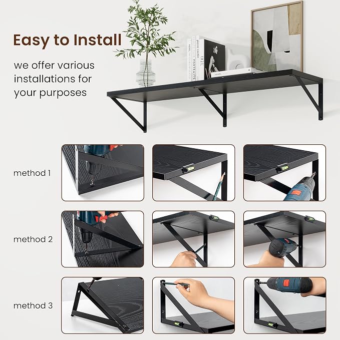 30 Inch Floating Shelves, 10 Inch Deep Black Wall Shelves Set of 2 | 30'' x 10'' Rustic Wood Shelves with Heavy Duty Brackets, Deep Shelves for Bathroom, Living Room, Engineered Wood, 40LBS