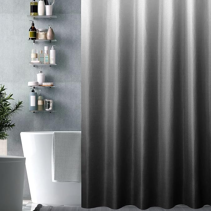 Long Black Ombre Fabric Shower Curtain, 72 x 78 | Tall Black Ombre Shower Curtain for Bathroom, Fabric Shower Curtain Set , Water Repellent, Machine Washable