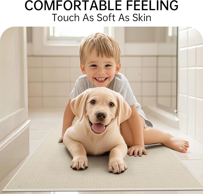 Mecko 24"x48" Bath Mat, Absorbent Quick Dry Bathroom Floor Mats Oatmeal | Upgraded Thin Cozy Cloth Bathroom Mat Fit Under Door, Rubber Non-Slip Bathroom Rug for Bathtub, Sink, Shower Room
