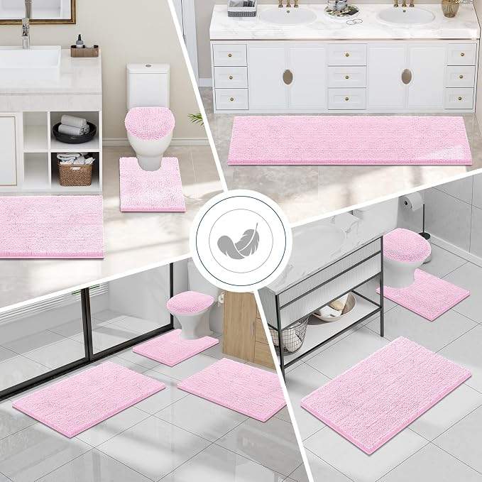 Smiry Bathroom Rugs 47X20, Luxury Chenille Extra Soft Absorbent Bath Mat | Pink, Machine Washable Non-Slip Plush Bath Mats for Bathroom, Tub, Shower, and Floor, Home Décor