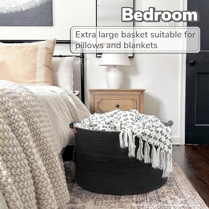 90L Large Woven Rope Blanket Basket with Tassel, 22" x 14", Black | Boho Basket for Toys, Clothes & Pillows Storage, Fits Bedroom Living Room Home Décor, Laundry Hamper with Knotted Handles