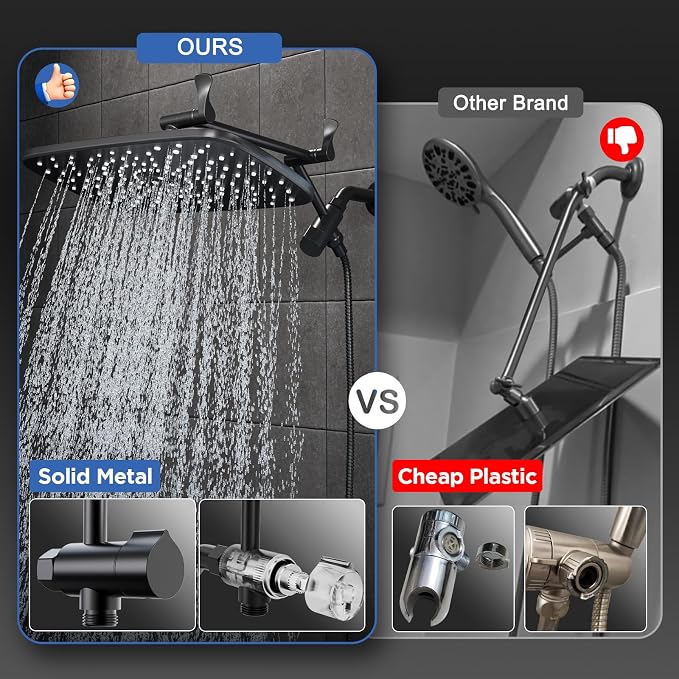 Veken 11.8" High Pressure Shower Head with Handheld, Metal Core Fittings | Handheld Shower Heads with Multi Spray Modes, Rainfall Combo, Detachable Dual Shower, Bathroom Decor, Leak-Proof, Matte Black