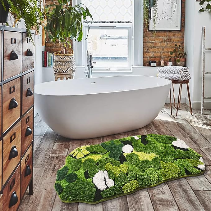 Hifuwan Cute Green Moss Bathroom Runner Rugs, Plant Leaf Bath Mats 20 x 43 | Boho Aesthetic, Long Rectangular Shaggy Non Slip, Machine Washable, Absorbent Bathmats for Bedroom, Shower Floor, Home Decor