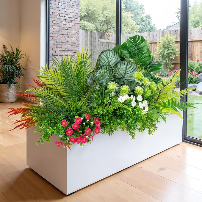 20 Pcs Artificial Plants Outdoor Fake Greenery Stems Plants | UV resistant, realistic boston fern, faux shrubs, plastic plants, indoor outdoor garden porch planter window box home decor
