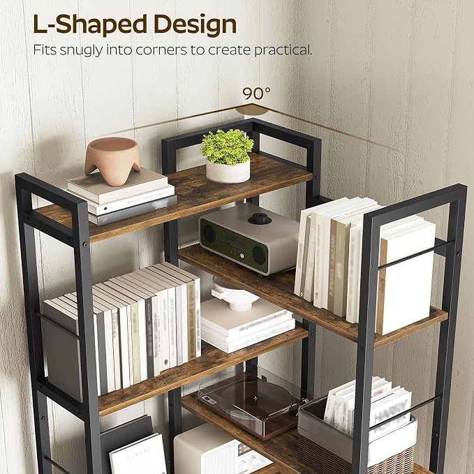 Corner Bookshelf, 7 Tier L-Shaped Bookcase with 3 Drawers, Storage Corner Shelf, Freestanding Tall Display Shelf, Industrial Style, for Living Room, Home Office, Rustic Brown and Black SJ10BR