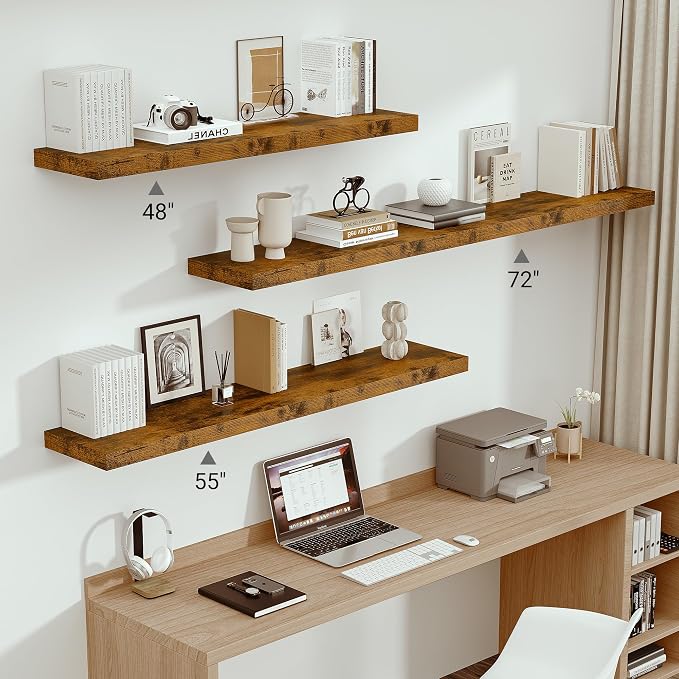 Vivelove Deep Floating Shelves 72x12” Set of 1, Rustic Brown | Easy Install With Hardware, 2" Thick, Invisible Brackets, Wall Mounted, No Sagging, For Any Room