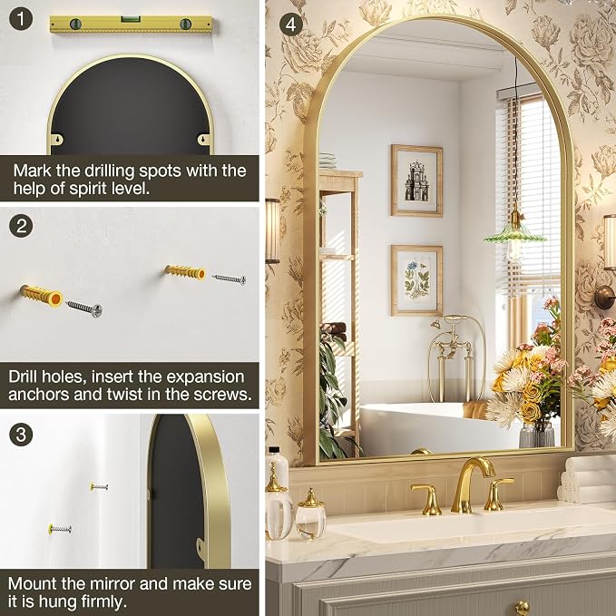 Brightify Arched Mirror, 24 x 36 Inch Gold Arch Mirror, Metal Frame Gold Arched Wall Mirror, Arched Top Bathroom Vanity Mirror for Living Room Bedroom Mantle Entryway Hallways