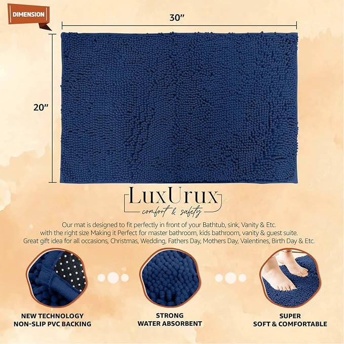 Ultra Soft Texture Chenille Plush Bath Rugs Floor Mats, Bath Rug Non Slip Microfiber Door Mat for Kitchen/Entryway/Living Room (30 x 20 inches, Blue)