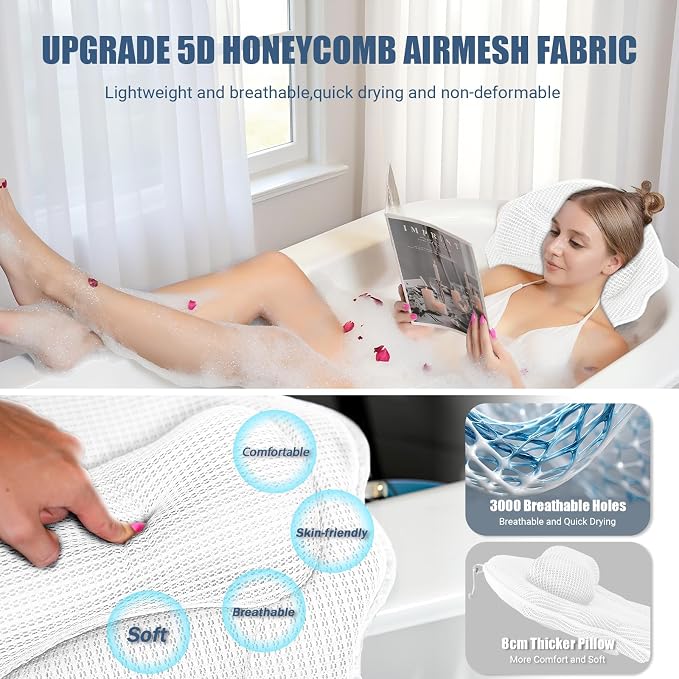 Full Body Bath Pillows for Tub Luxury Bathtub Pillow Cushion for Head,Shoulder,Back&Lumbar Support Thick Tub Pillow for Bathtub for Women Soft 5D Air Mesh Mat 12 Non-Slip Power Suction Cups (White)