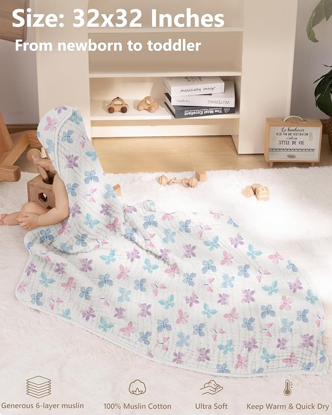 Baby Bath Towels, 100% Muslin Cotton Hooded Baby Towels for Newborn, 2 Pack Baby Towels with Hood for Infant Toddler and Kids, Large 32x32Inch Bath Essentials, Soft and Absorbent