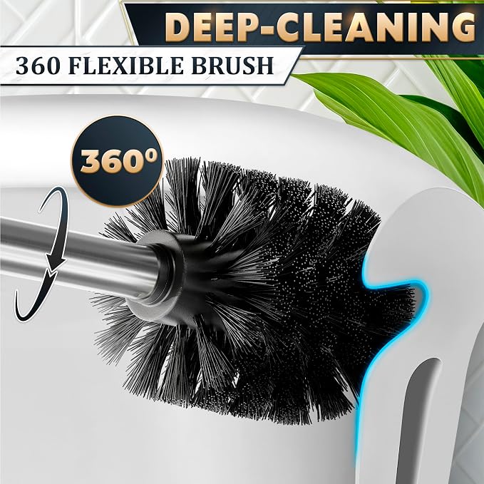 Toilet Brush and Holder Set, Stainless Steel, Replaceable Head (Silver) | Stainless Steel Toilet Bowl Brush and Holder with 2 Rounded Corners, Removable Inner Bowl & Splash Guard Cover