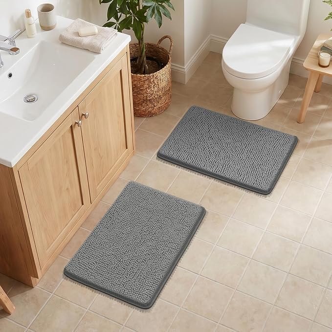 Bcoimo Bath Rug Mat Sets, 2 Piece Extra Soft Chenille Gray Bathroom Mat Set | Non Slip with Rubber Backing 24x17 Bath Mat; Machine Washable;Extra Soft Bath Rug;High Absorbent、Quick Drying Microfiber mat