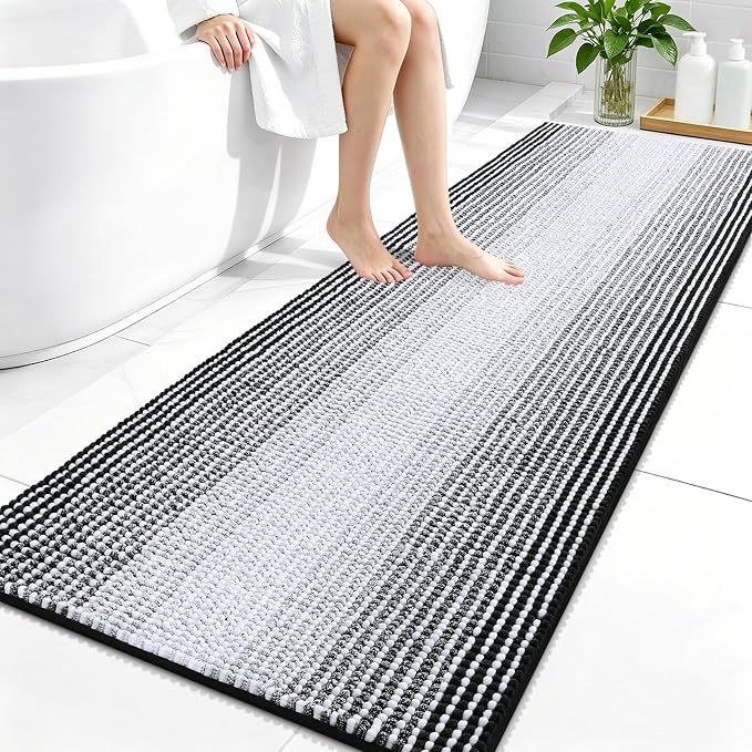 OLANLY Bathroom Runner Rugs 59x24, Soft Chenille Striped Bath Rugs, Black | Extra Absorbent, Rubber Backing, Machine Wash Dry, Bath Mats for Bathroom Floor, Tub and Shower, Home Decor Accessories