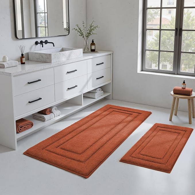 HOMEIDEAS Bathroom Rugs Sets 2 Piece, Super Soft and Absorbent Non Slip Microfiber Machine Washable Bath Mat Set (20" x 47" + 16" x 24", Burnt Orange)