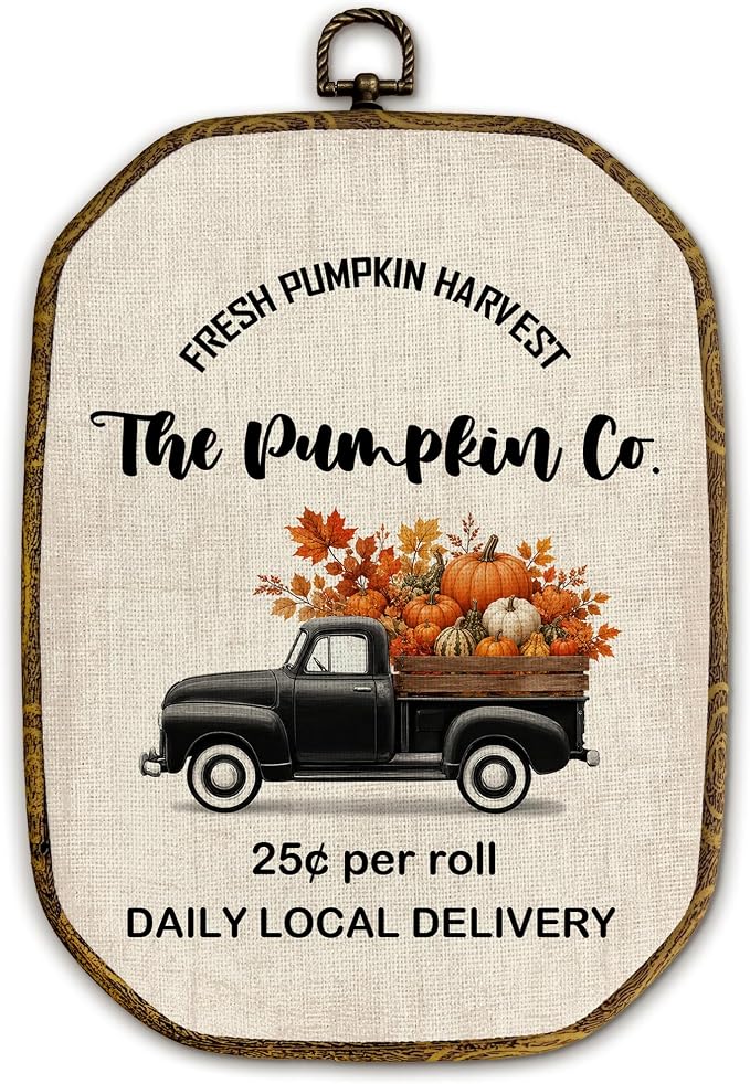 Yjeslw Fall Pumpkin Truck Bathroom Octagon Wall Art Decor, 10.2x7 Inch | Pumpkins Autumn Leaves Framed Canvas Prints, Rustic Cottagecore Wall Hanging Decorations for Bath Room Washroom Toilet Decor