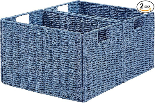 Wicker Storage Basket, Set of 2 Hand-Woven Paper Rope Wicker Basket, Large Storage Baskets for Organizing Toilet Paper, Foldable Cube Storage Organizer Bins for Shelves (Blue)