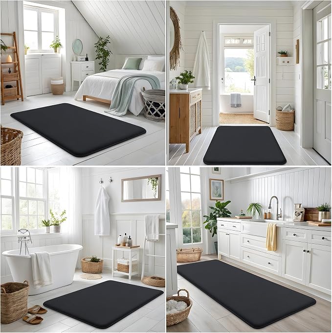 Smiry Memory Foam Bath Mat 50x30, Extra Soft and Absorbent Bathroom Rugs | Black, Quick Dry Machine Washable Non-Slip Bath Mat for Bathroom Floor, Shower and Tub