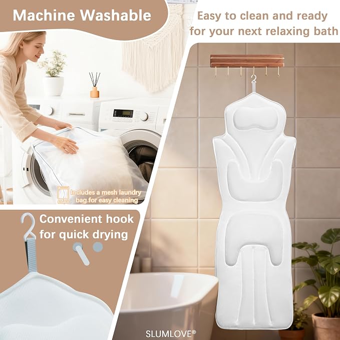 Full Body Bath Pillow for Bathtub Thickened 5D Air Mesh 144 Suction Cups | Bath Pillow Luxury Bathtub Pillow 3.7'' Thick Head, Neck and Back Support Bath Tub Pillow Large 56 x 18 Inch Size