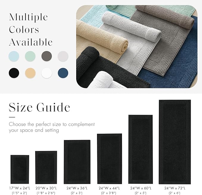 Madison Park Splendor Reversible 100% Cotton Bath Rug, 24 x 44, Black | Tufted Bathroom Mat, 3000 GSM, Hotel Quality, Luxurious Plush, Medium Pile, Absorbent, Quick Dry, OEKO-TEX, Shower Room Décor