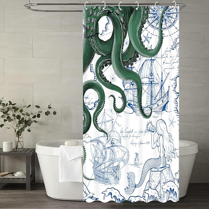 Fungarth Stall Green Nautical Octopus Shower Curtain Navy Blue Mermaid Funny Ocean Kraken Shower Curtains for Bathroom Cool Anchor Coastal Map Waterproof Fabric Bath Curtain Decor (Green, 36” x 72”)