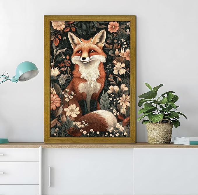 Framed 3D Textured Vintage Wall Art, Hand Drawn Sandstone Fox Wall Decor Paintings, Whimsical Forest Animal Floral Botanical Aesthetic Picture, Cottage Core Home Nursery Decor 16X24 inch