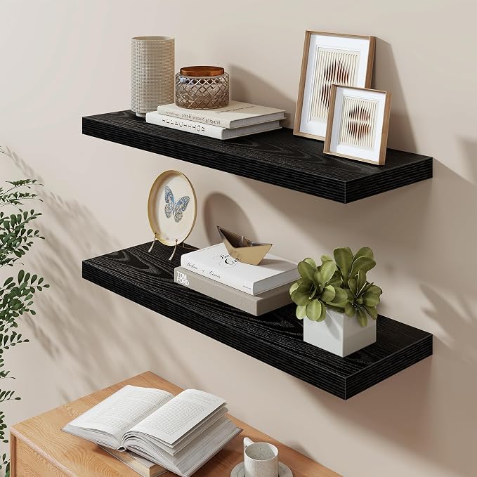 Fun Memories Black Floating Shelves 36 Inch Long, 9.3 Inch Deep Floating Shelf 2 Pack for Wall Bathroom, Living Room, Kitchen, Large Long Wall Shelves with Heavy-Duty Bracket for Books Decor
