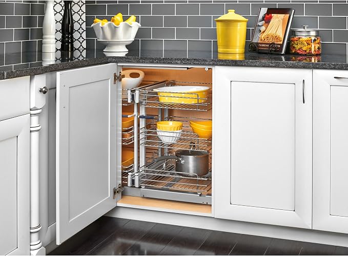 Rev-A-Shelf Chrome 3-Tier Wire Pullout Organizer with Soft-Close for Blind Corner Kitchen/Bathroom Cabinets, Adjustable 6-Basket Storage System, Min Opening Width of 18", 5PSP3-18SC-CR