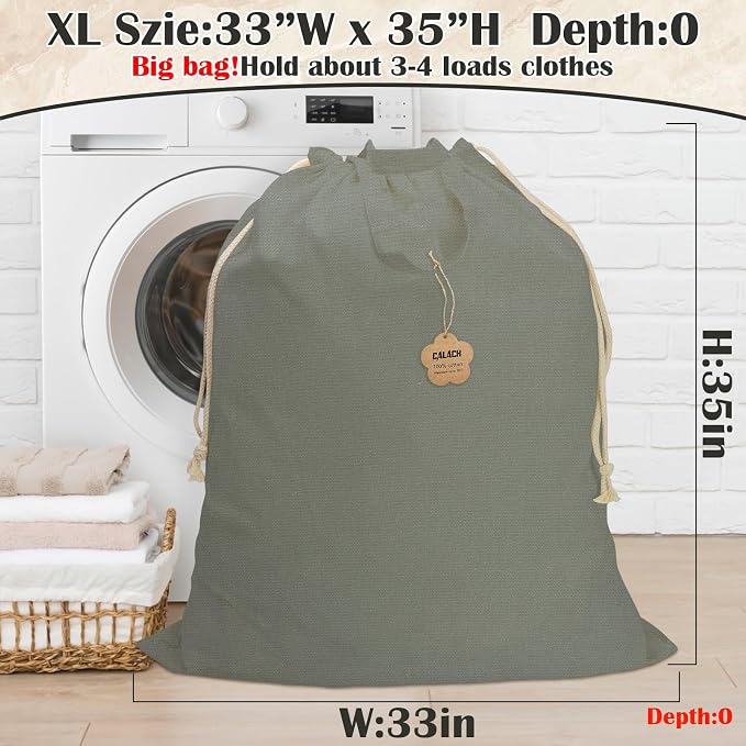 Cotton Canvas Laundry Bag 33"Wx 35"H, Extra Large Heavy Duty, XL cottonGrey | Thick Canvas Fabric, with Handles & Drawstring Closure, Washable Basket Liner Replacement, Home Storage Sack, 1Pack